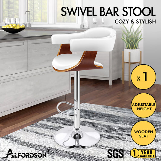 ALFORDSON 1x Bar Stool Joan Kitchen Swivel Chair Wooden Leather Gas Lift White