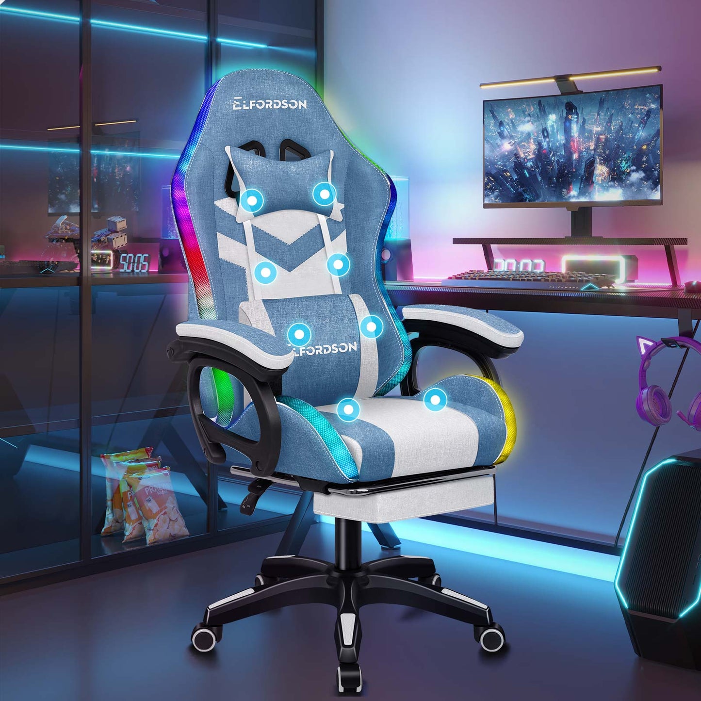 ELFORDSON Gaming Chair Office 12 RGB LED Massage Computer Fabric Seat Blue