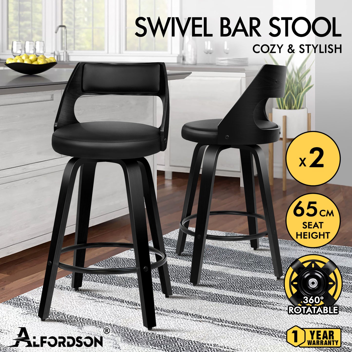 ALFORDSON 2x Swivel Bar Stools Eden Kitchen Wooden Dining Chair All Black