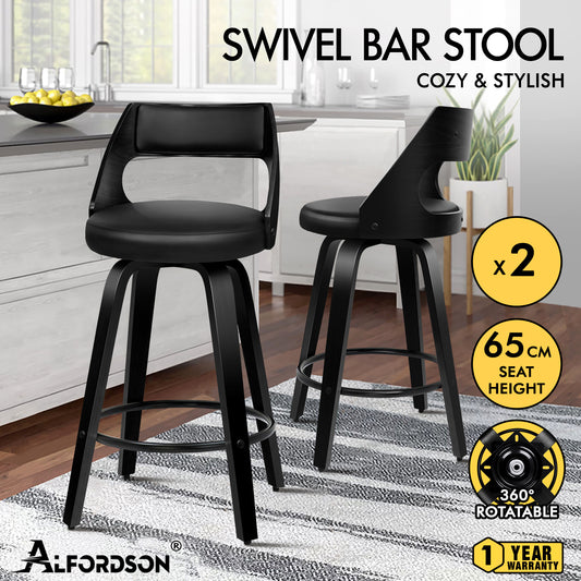ALFORDSON 2x Swivel Bar Stools Eden Kitchen Wooden Dining Chair All Black