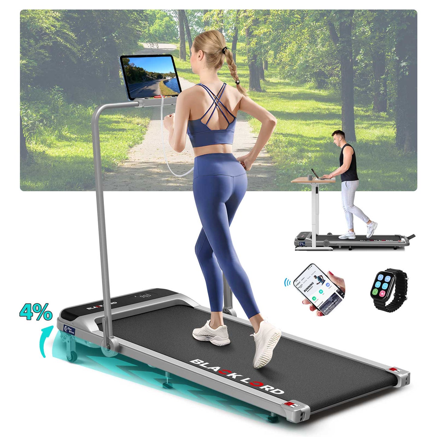 BLACK LORD Treadmill Electric Walking Pad Home Office Incline Foldable Silver