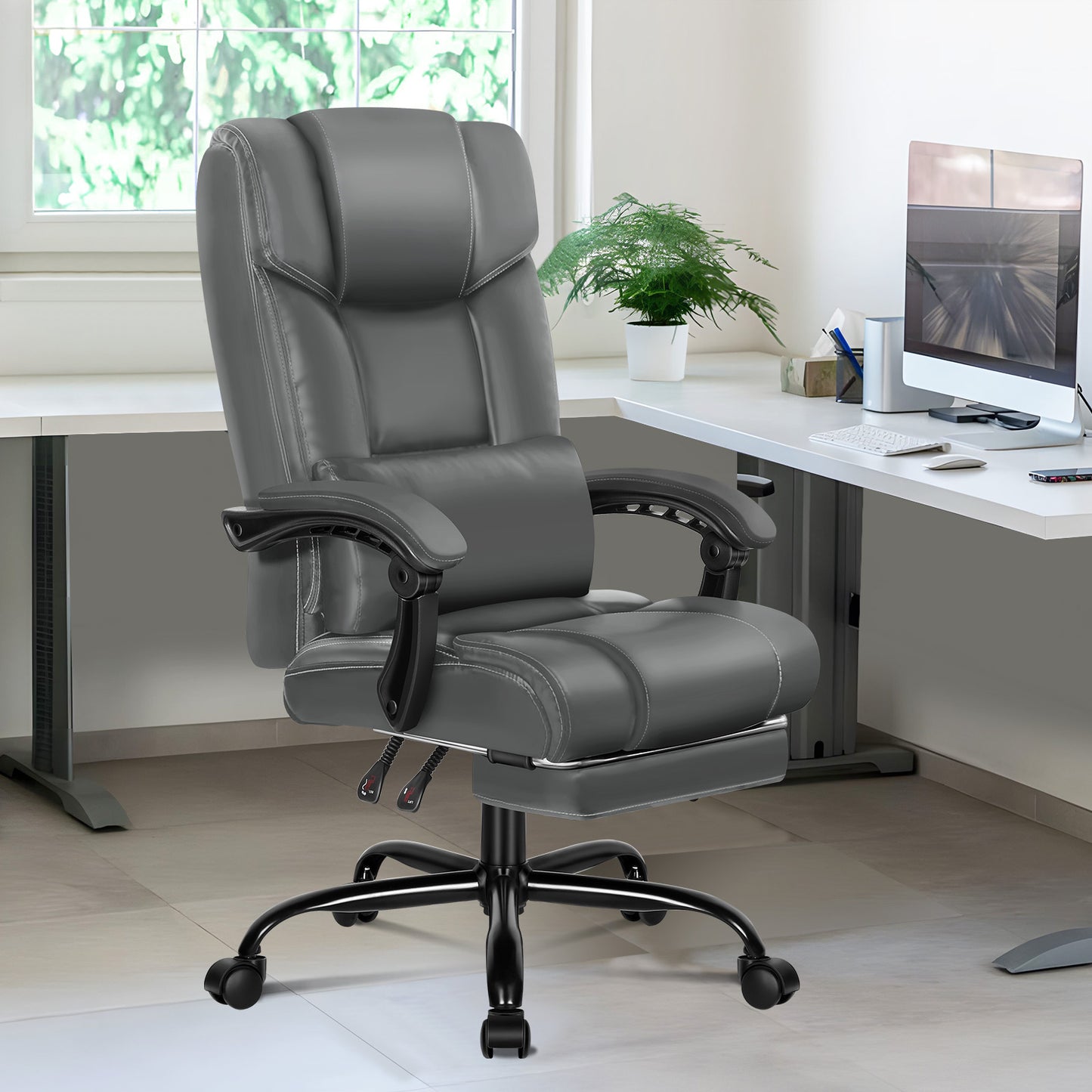 ELFORDSON Office Chair Executive Computer Gaming PU Leather Seat Recliner Grey