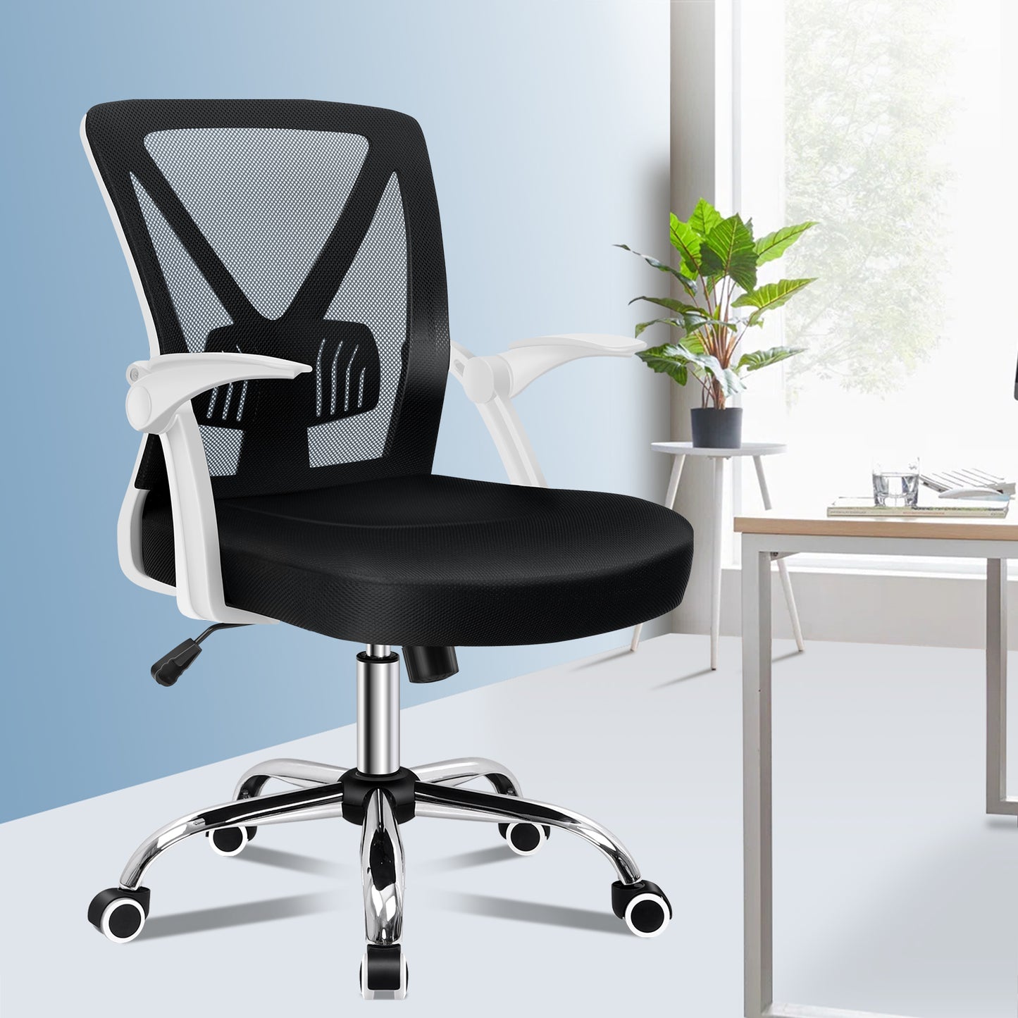 ELFORDSON Office Chair Executive Mesh Seat Tilt Computer Fabric White and Black