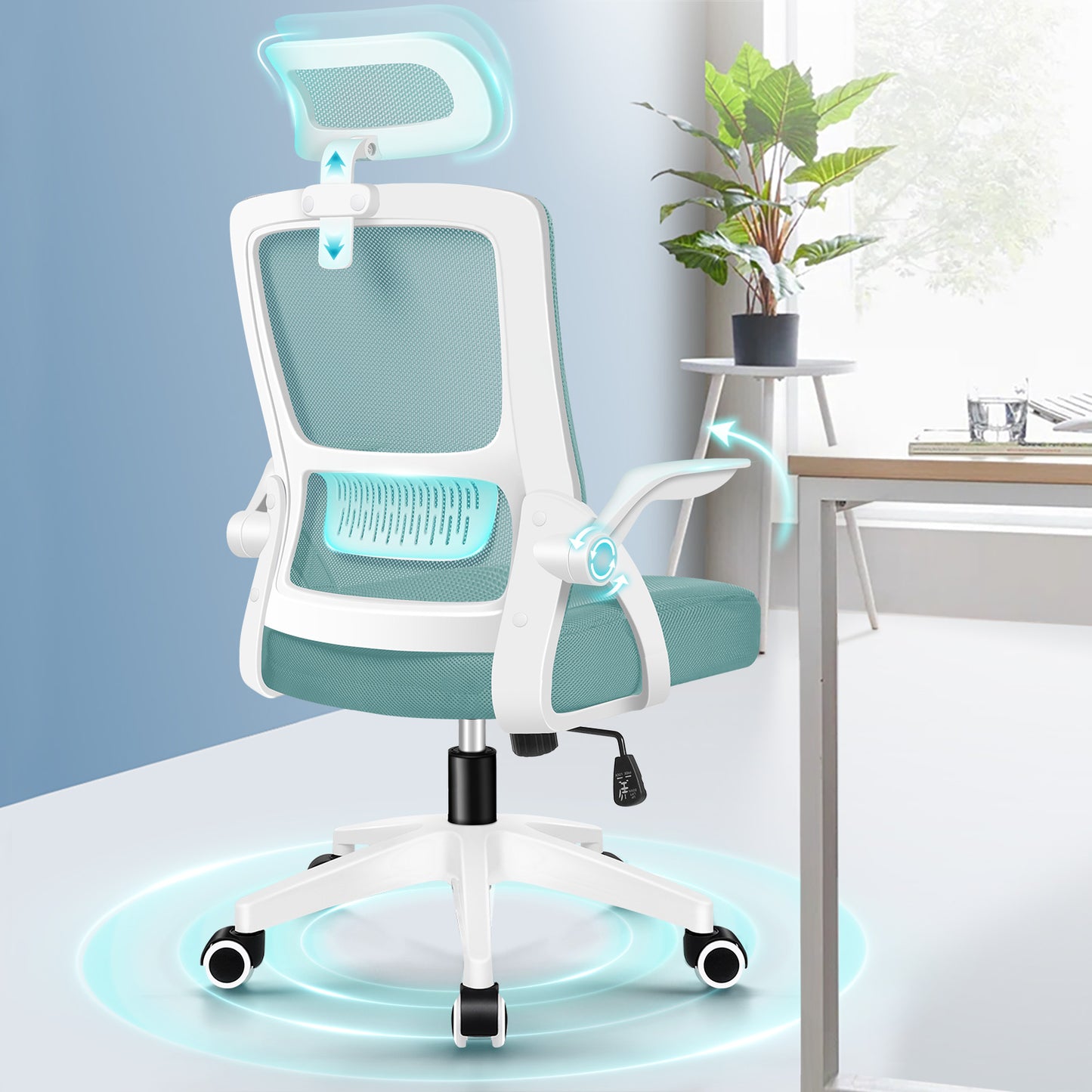 ELFORDSON Mesh Office Chair Executive Fabric Seat Tilt Computer Cyan