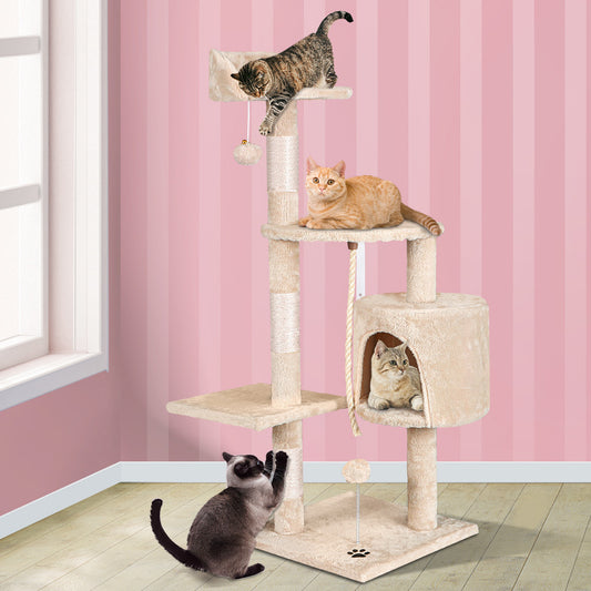 Cat Tree with Plush Toy Ball & Bell Scratching Post Beige 112cm