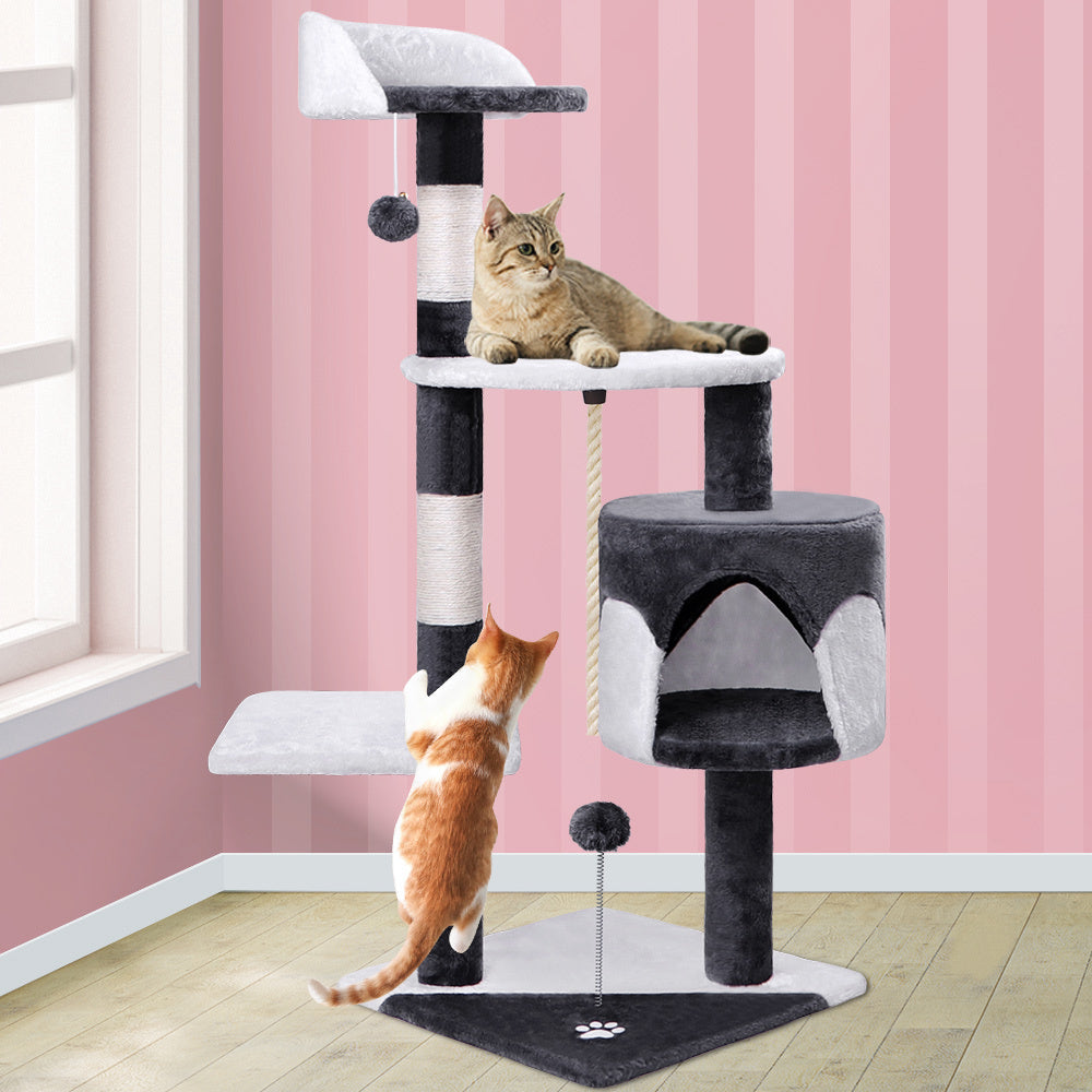 Cat Tree with Plush Toy Ball & Bell Scratching Post Grey & White 112cm