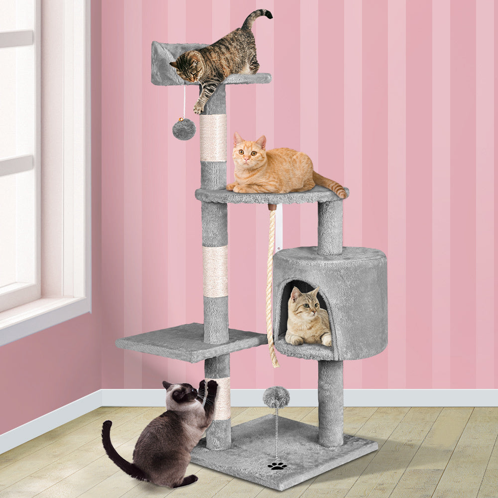 Cat Tree with Plush Toy Ball & Bell Scratching Post Grey 112cm