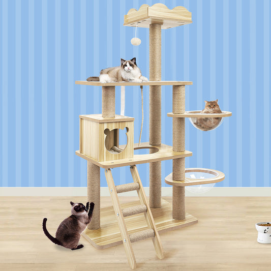 Cat Tree Tower Scratching Post Wood Scratcher Condo House Bed 141cm