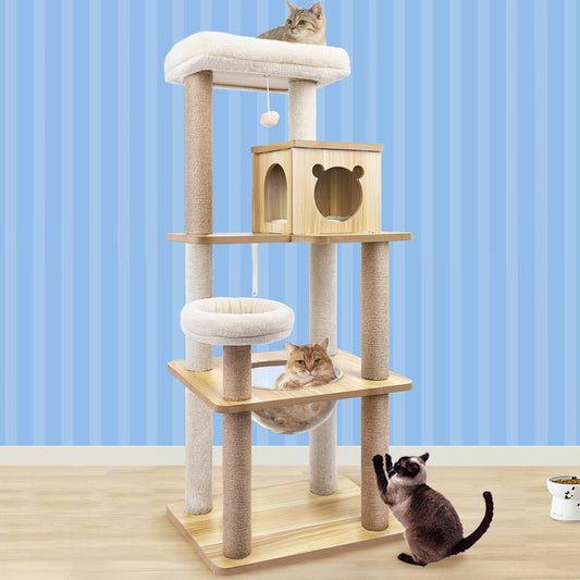 Cat Tree Tower Scratching Post Wood Scratcher Condo House Bed 143cm