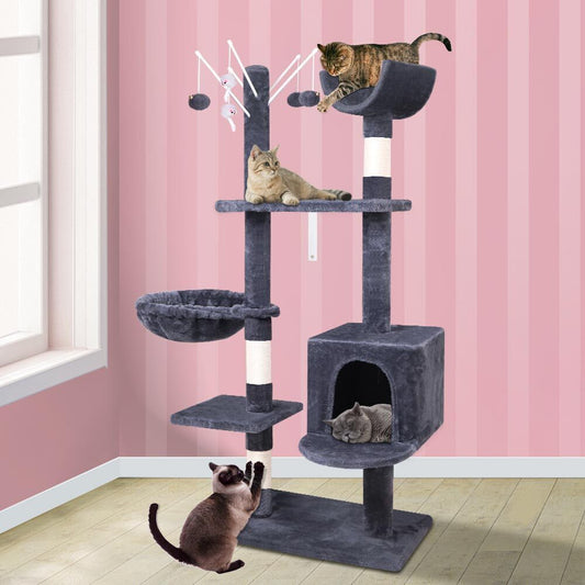 Cat Tree with Plush Toy Ball & Bell Scratching Post Grey 145cm