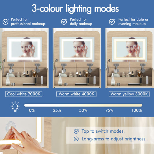 ALFORDSON 3 in 1 Dressing Table with Stool, Makeup Vanity Hinged Mirror, Foldable Top, Drawers Vanity Desk with LED Lighting, Small Dressing Table Set, Cosmetic Table for Bedroom,Wood Color