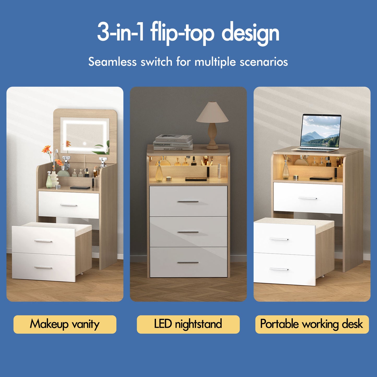 ALFORDSON 3 in 1 Dressing Table with Stool, Makeup Vanity Hinged Mirror, Foldable Top, Drawers Vanity Desk with LED Lighting, Small Dressing Table Set, Cosmetic Table for Bedroom,Wood Color