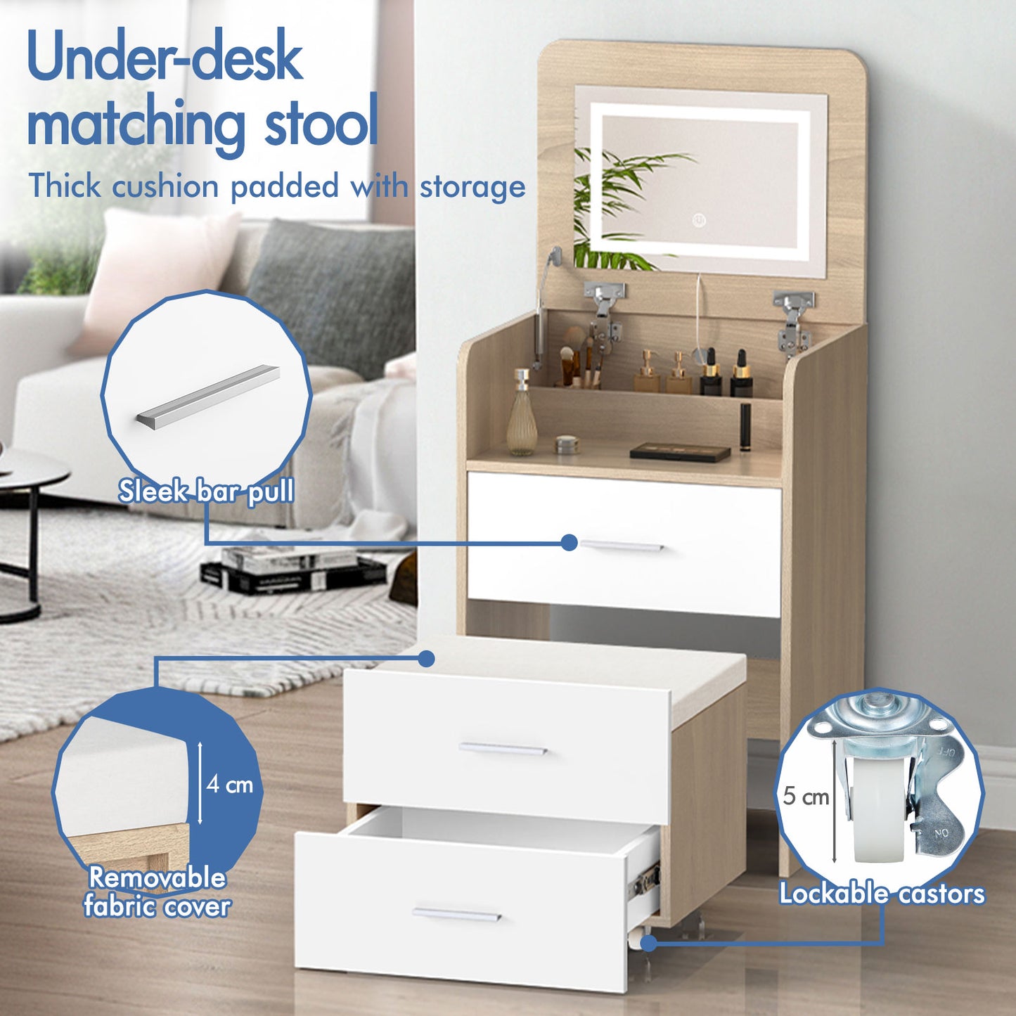 ALFORDSON 3 in 1 Dressing Table with Stool, Makeup Vanity Hinged Mirror, Foldable Top, Drawers Vanity Desk with LED Lighting, Small Dressing Table Set, Cosmetic Table for Bedroom,Wood Color