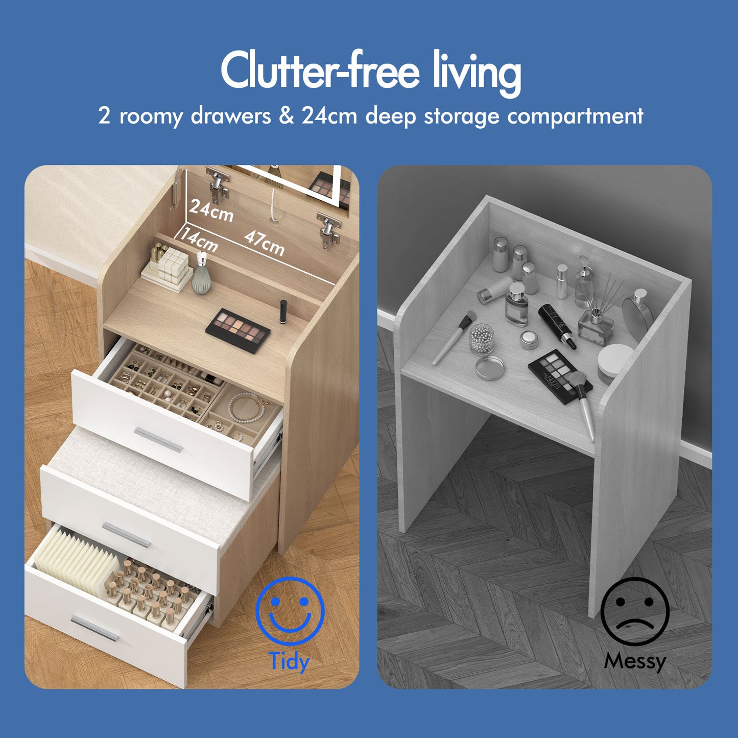 ALFORDSON 3 in 1 Dressing Table with Stool, Makeup Vanity Hinged Mirror, Foldable Top, Drawers Vanity Desk with LED Lighting, Small Dressing Table Set, Cosmetic Table for Bedroom,Wood Color