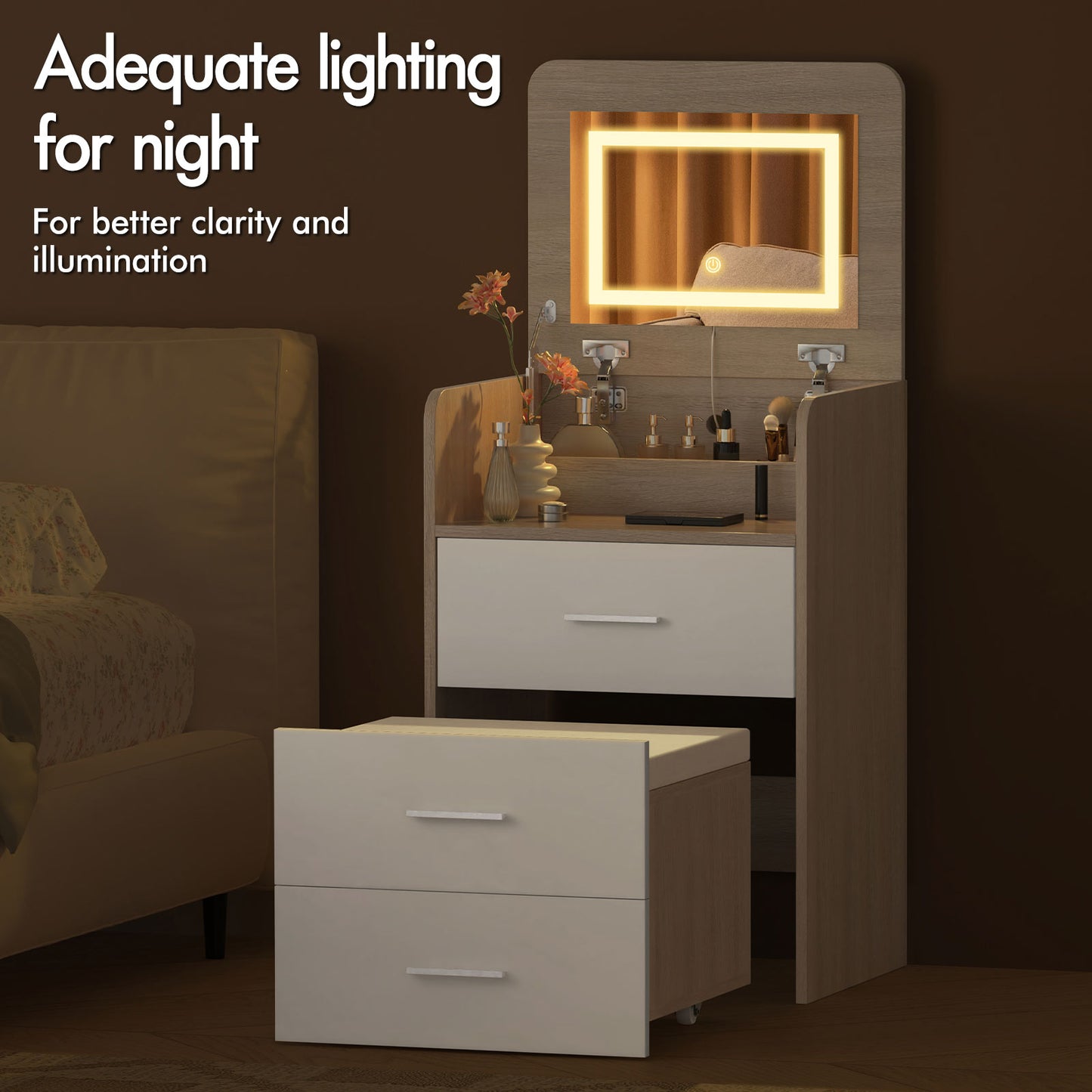 ALFORDSON 3 in 1 Dressing Table with Stool, Makeup Vanity Hinged Mirror, Foldable Top, Drawers Vanity Desk with LED Lighting, Small Dressing Table Set, Cosmetic Table for Bedroom,Wood Color