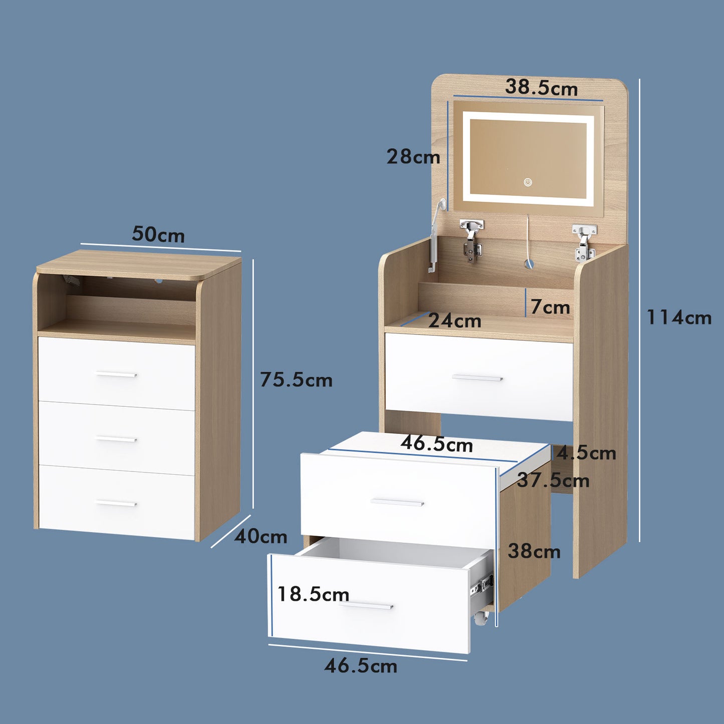 ALFORDSON 3 in 1 Dressing Table with Stool, Makeup Vanity Hinged Mirror, Foldable Top, Drawers Vanity Desk with LED Lighting, Small Dressing Table Set, Cosmetic Table for Bedroom,Wood Color