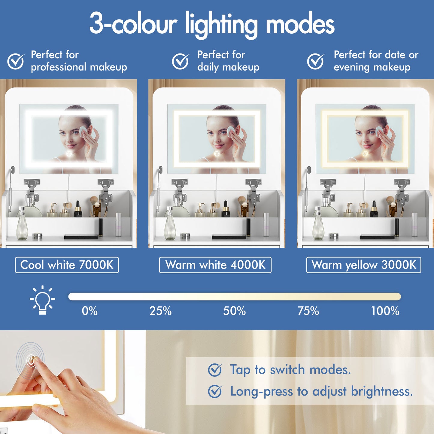 ALFORDSON 3 in 1 Dressing Table with Stool, Makeup Vanity Hinged Mirror, Foldable Top, Drawers Vanity Desk with LED Lighting, Small Dressing Table Set, Cosmetic Table for Bedroom,White