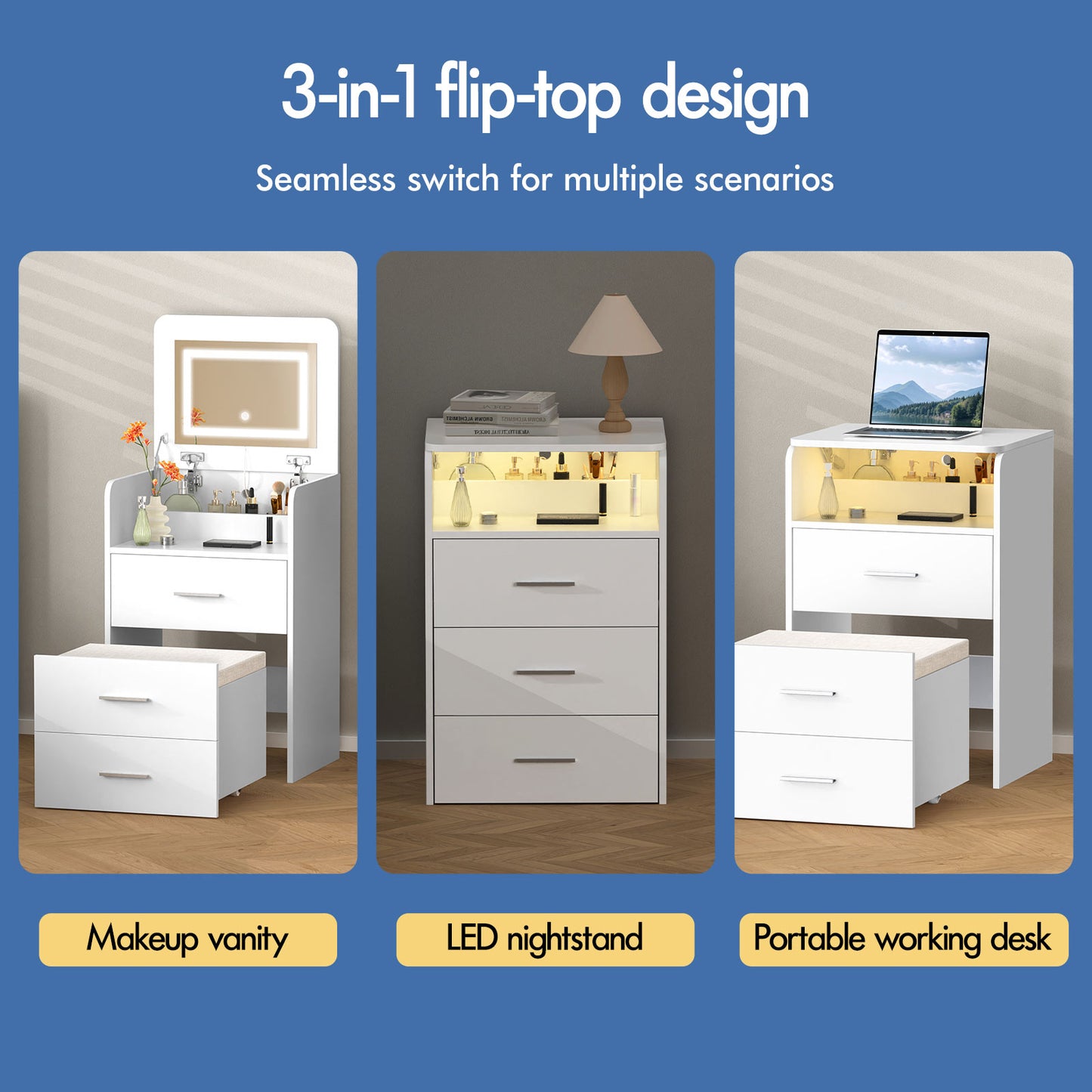 ALFORDSON 3 in 1 Dressing Table with Stool, Makeup Vanity Hinged Mirror, Foldable Top, Drawers Vanity Desk with LED Lighting, Small Dressing Table Set, Cosmetic Table for Bedroom,White
