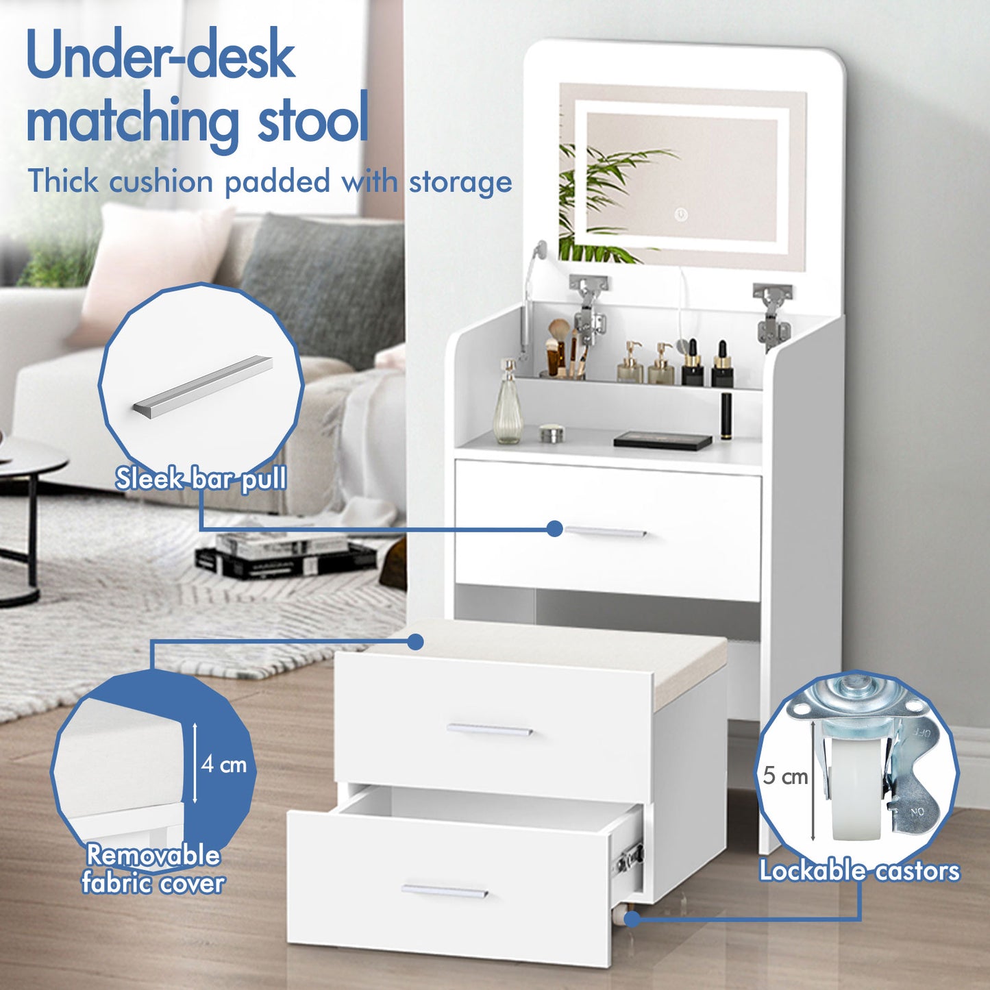ALFORDSON 3 in 1 Dressing Table with Stool, Makeup Vanity Hinged Mirror, Foldable Top, Drawers Vanity Desk with LED Lighting, Small Dressing Table Set, Cosmetic Table for Bedroom,White