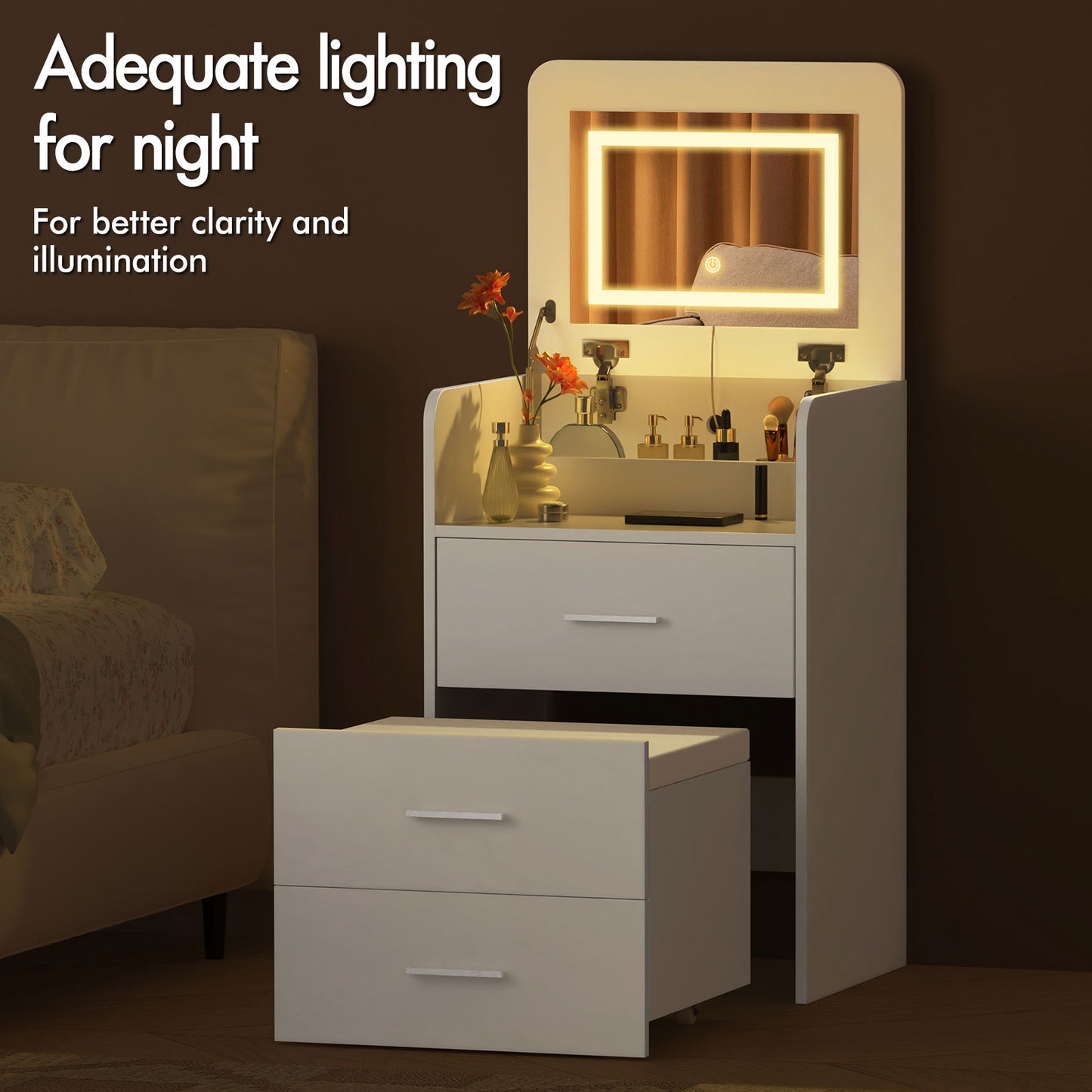 ALFORDSON 3 in 1 Dressing Table with Stool, Makeup Vanity Hinged Mirror, Foldable Top, Drawers Vanity Desk with LED Lighting, Small Dressing Table Set, Cosmetic Table for Bedroom,White