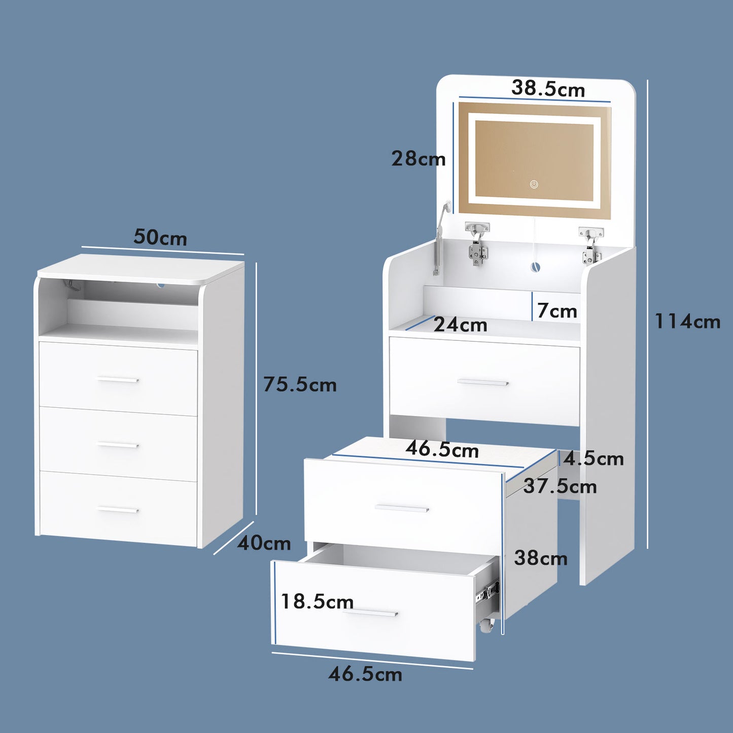ALFORDSON 3 in 1 Dressing Table with Stool, Makeup Vanity Hinged Mirror, Foldable Top, Drawers Vanity Desk with LED Lighting, Small Dressing Table Set, Cosmetic Table for Bedroom,White