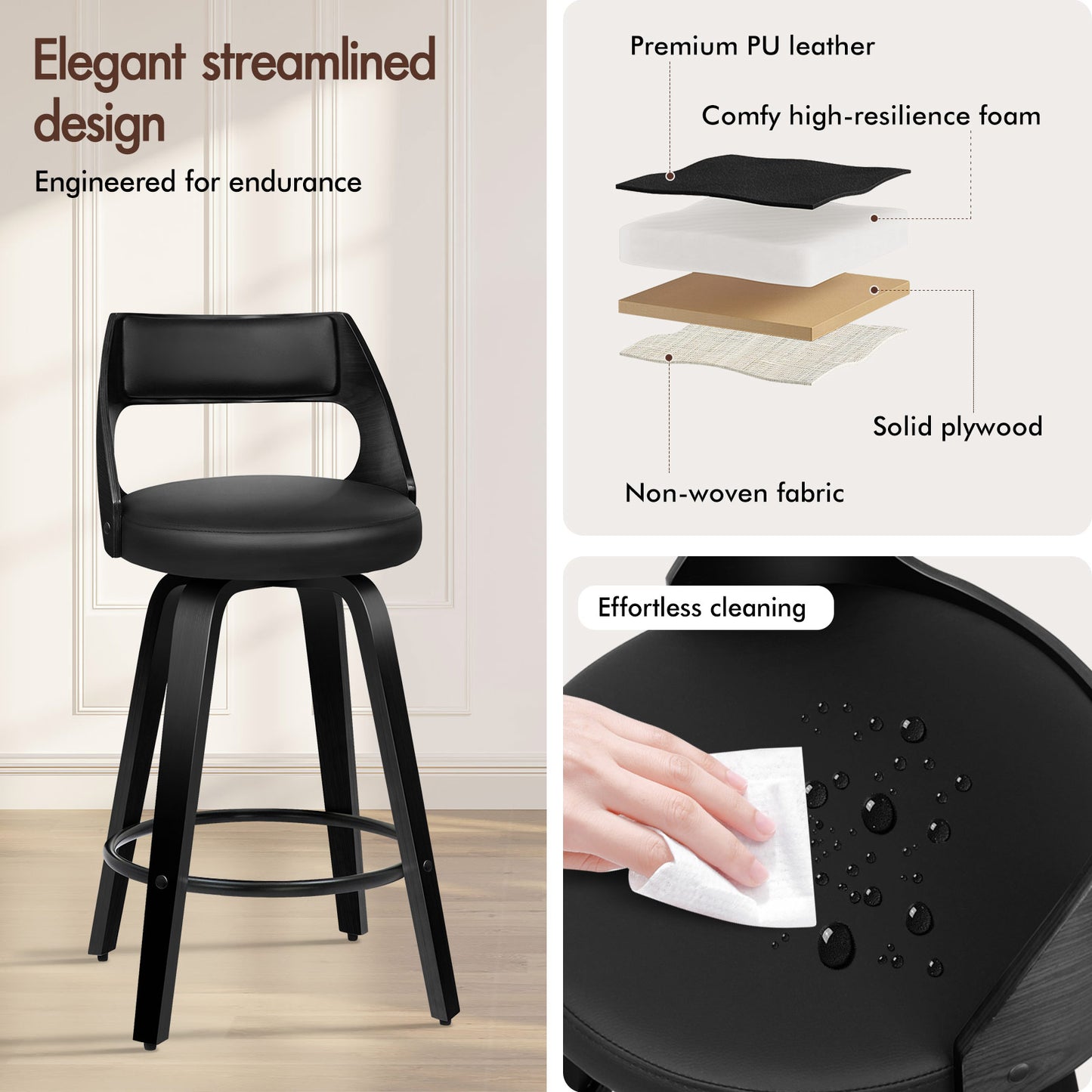 ALFORDSON 2x Swivel Bar Stools Eden Kitchen Wooden Dining Chair All Black