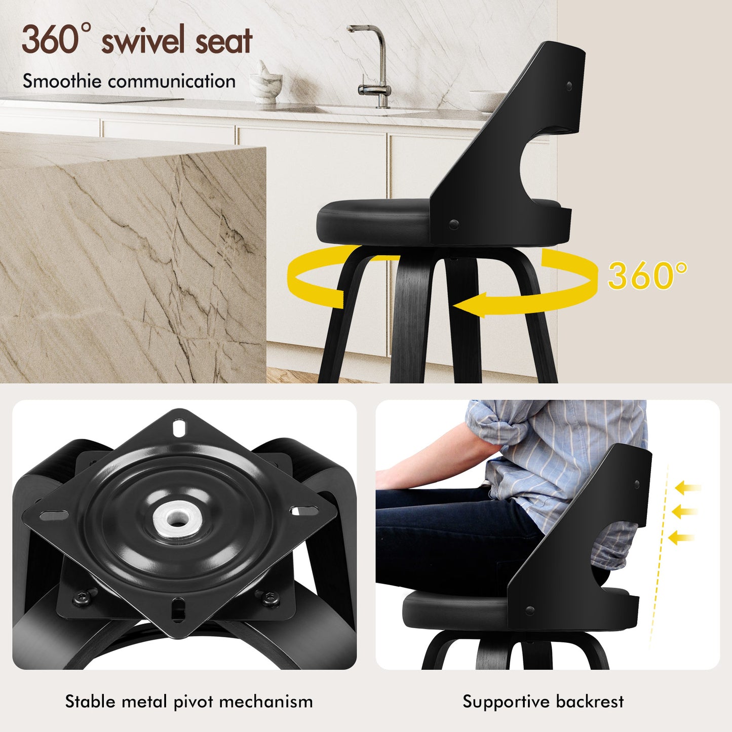 ALFORDSON 2x Swivel Bar Stools Eden Kitchen Wooden Dining Chair All Black