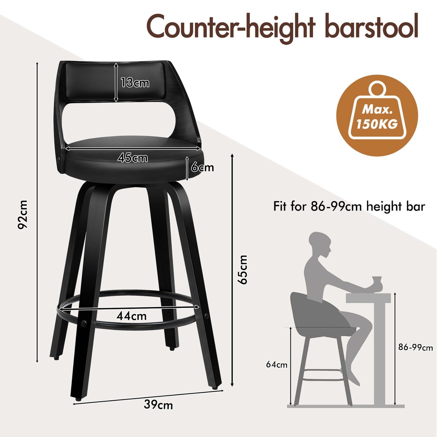 ALFORDSON 2x Swivel Bar Stools Eden Kitchen Wooden Dining Chair All Black