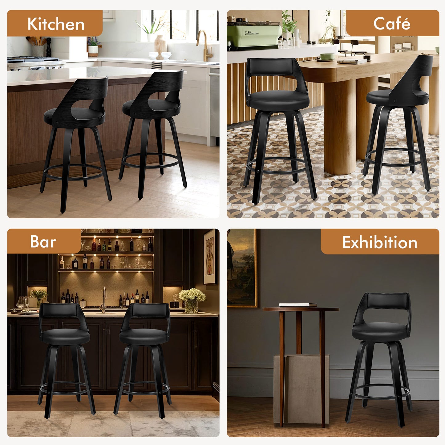 ALFORDSON 2x Swivel Bar Stools Eden Kitchen Wooden Dining Chair All Black