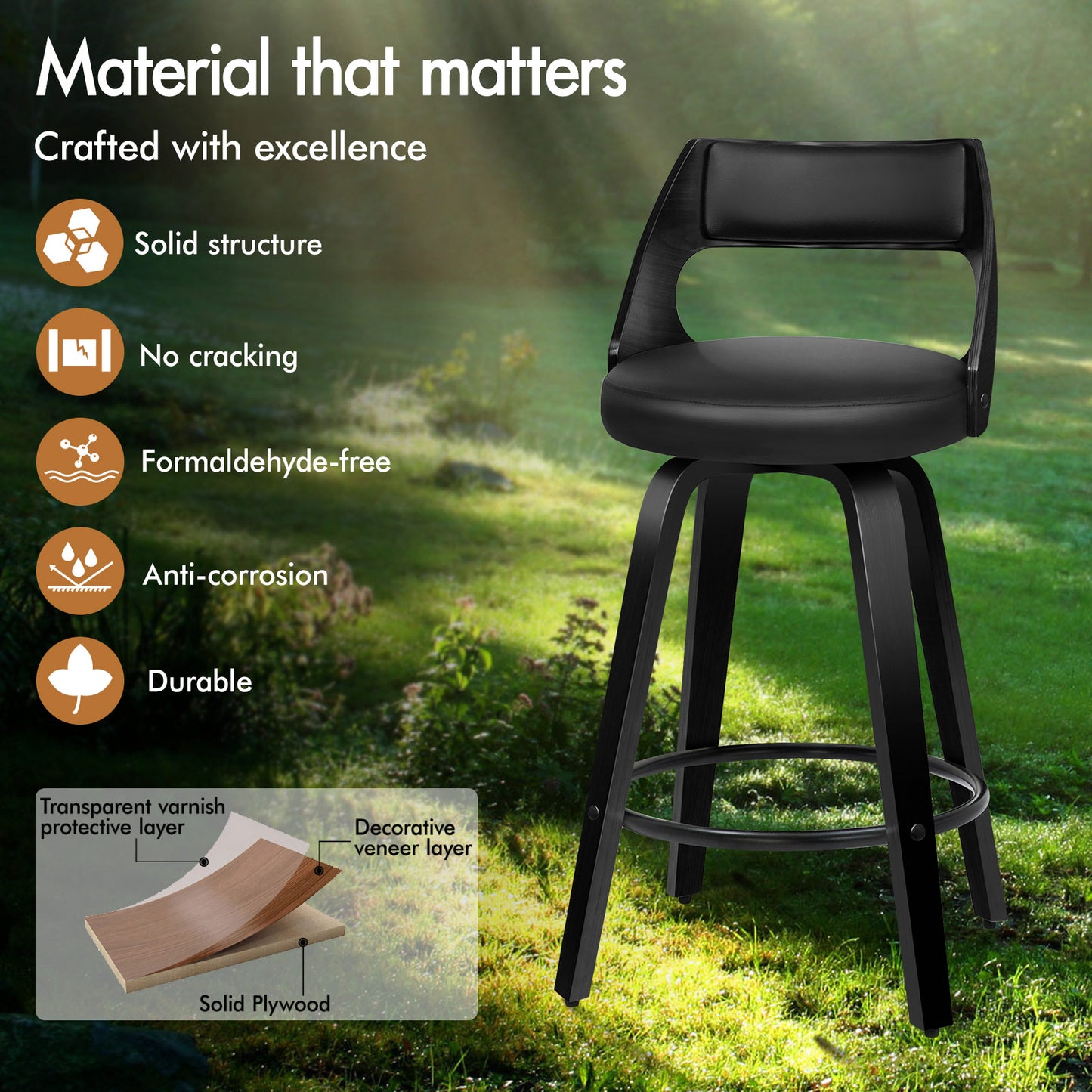 ALFORDSON 2x Swivel Bar Stools Eden Kitchen Wooden Dining Chair All Black