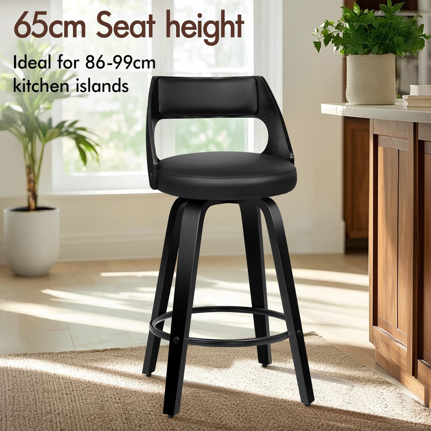 ALFORDSON 2x Swivel Bar Stools Eden Kitchen Wooden Dining Chair All Black