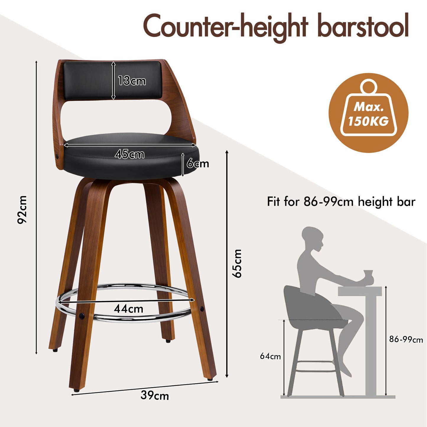 ALFORDSON 2x Swivel Bar Stools Eden Kitchen Wooden Dining Chair Black