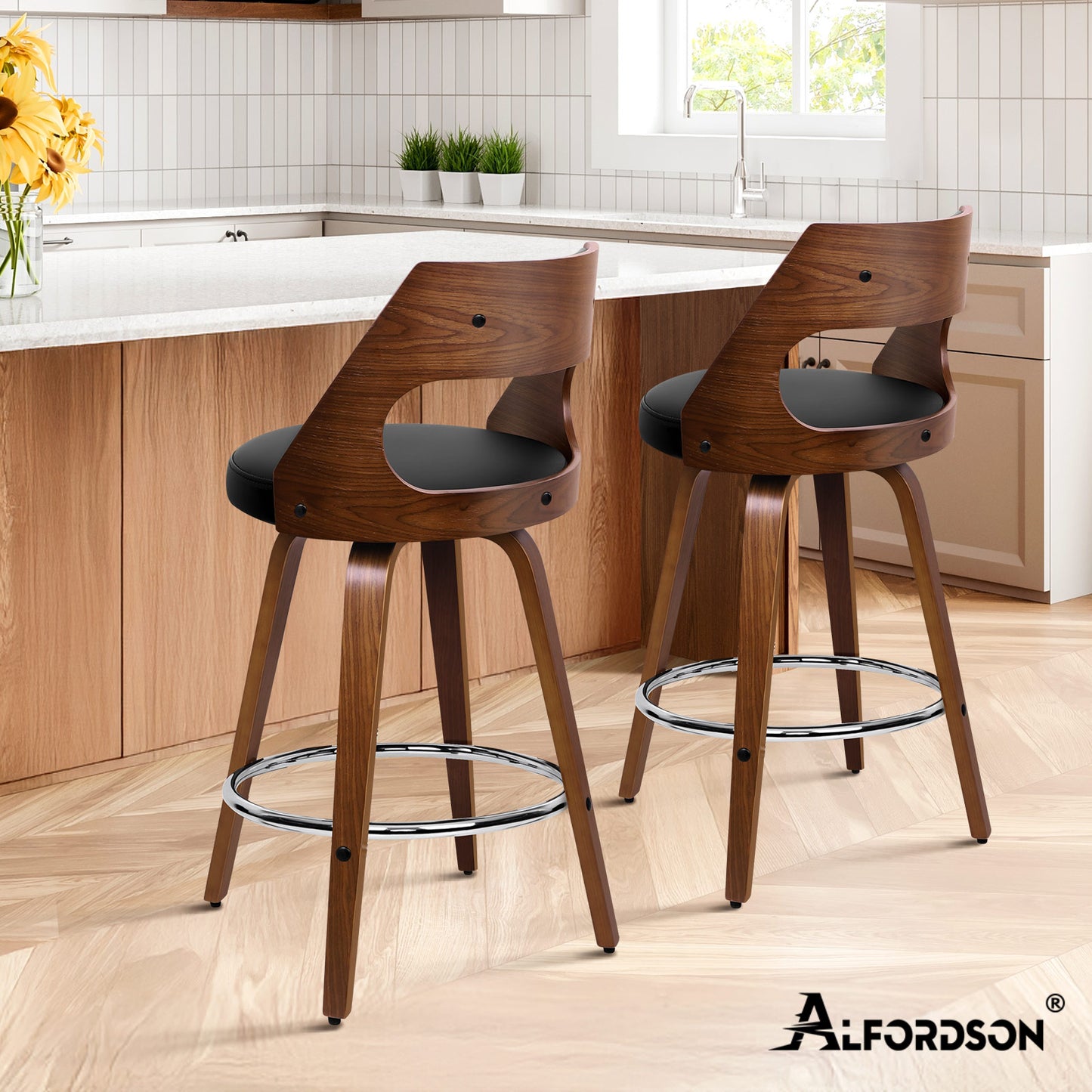 ALFORDSON 2x Swivel Bar Stools Eden Kitchen Wooden Dining Chair Black