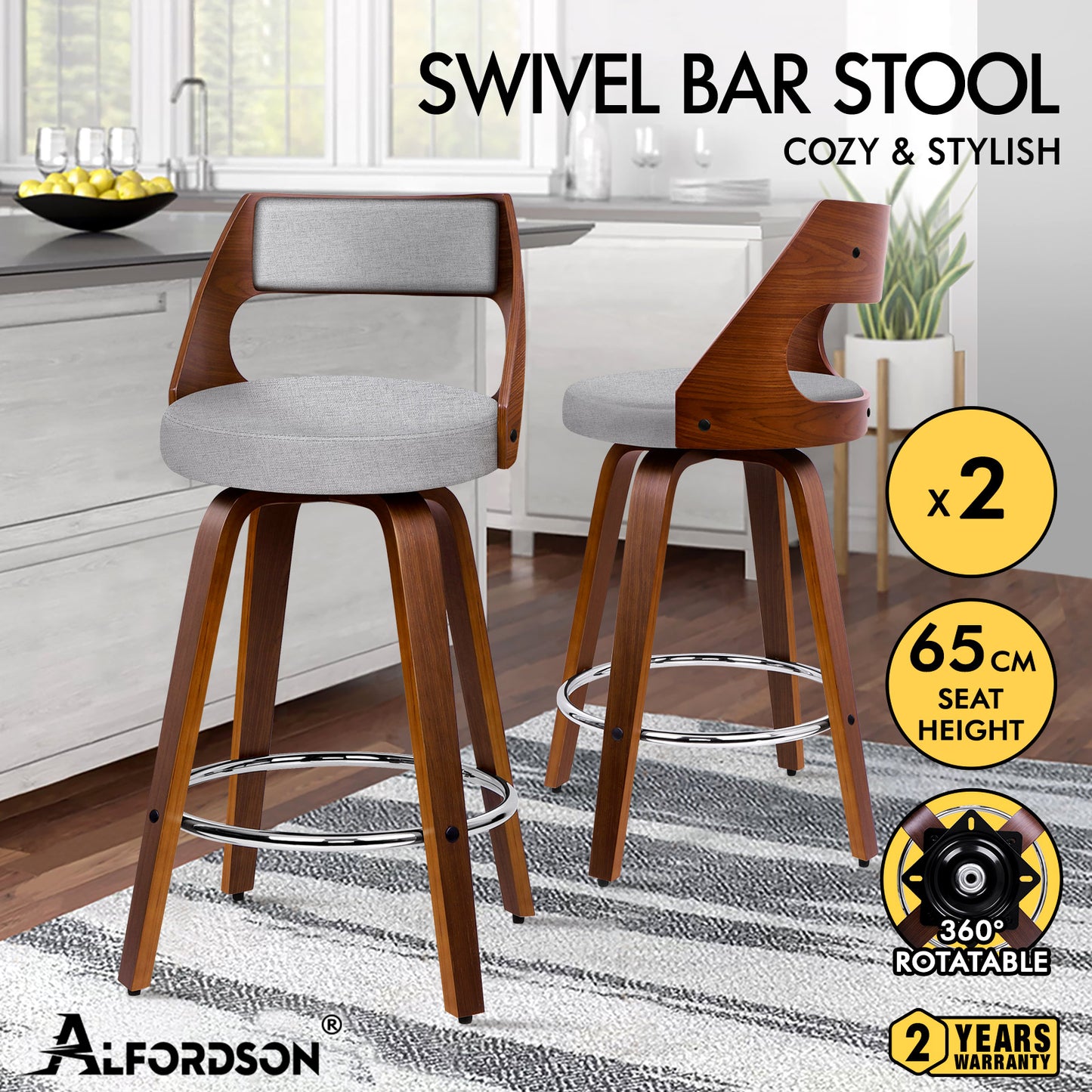 ALFORDSON 2x Swivel Bar Stools Eden Kitchen Dining Chair Wooden LIGHT GREY