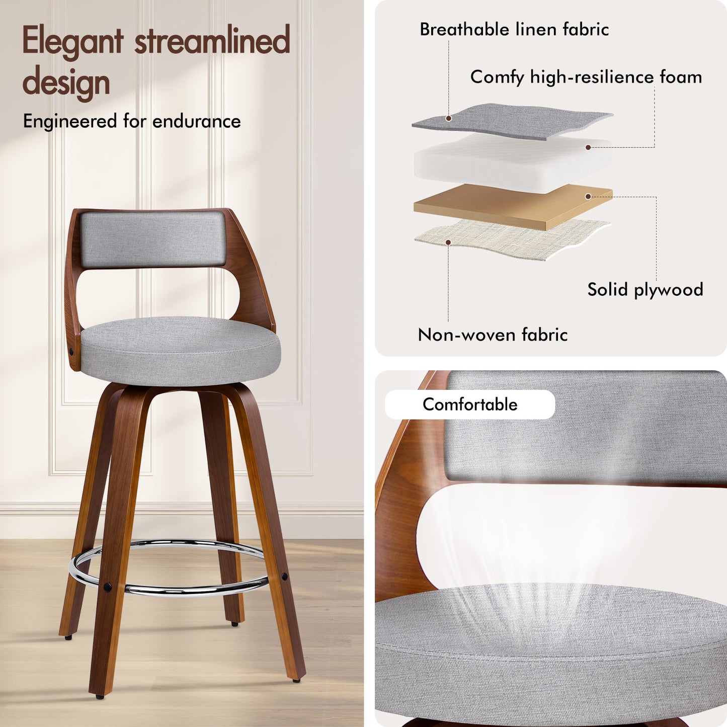 ALFORDSON 4x Swivel Bar Stools Eden Kitchen Dining Chair Wooden LIGHT GREY