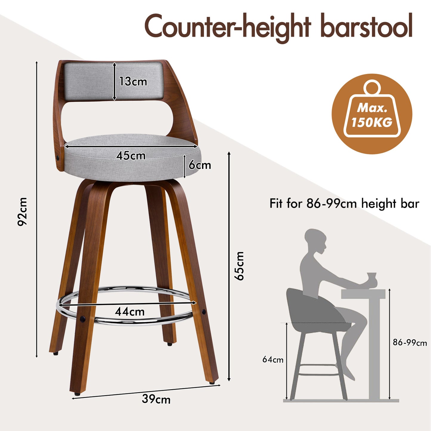 ALFORDSON 4x Swivel Bar Stools Eden Kitchen Dining Chair Wooden LIGHT GREY