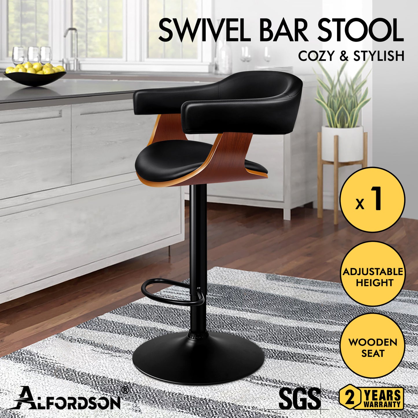 ALFORDSON 1x Bar Stool Joan Kitchen Swivel Chair Wooden Leather Gas Lift