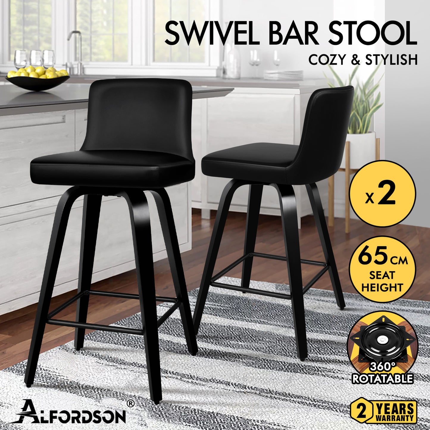 ALFORDSON 2x Swivel Bar Stools Bailey Kitchen Wooden Dining Chair ALL BLACK