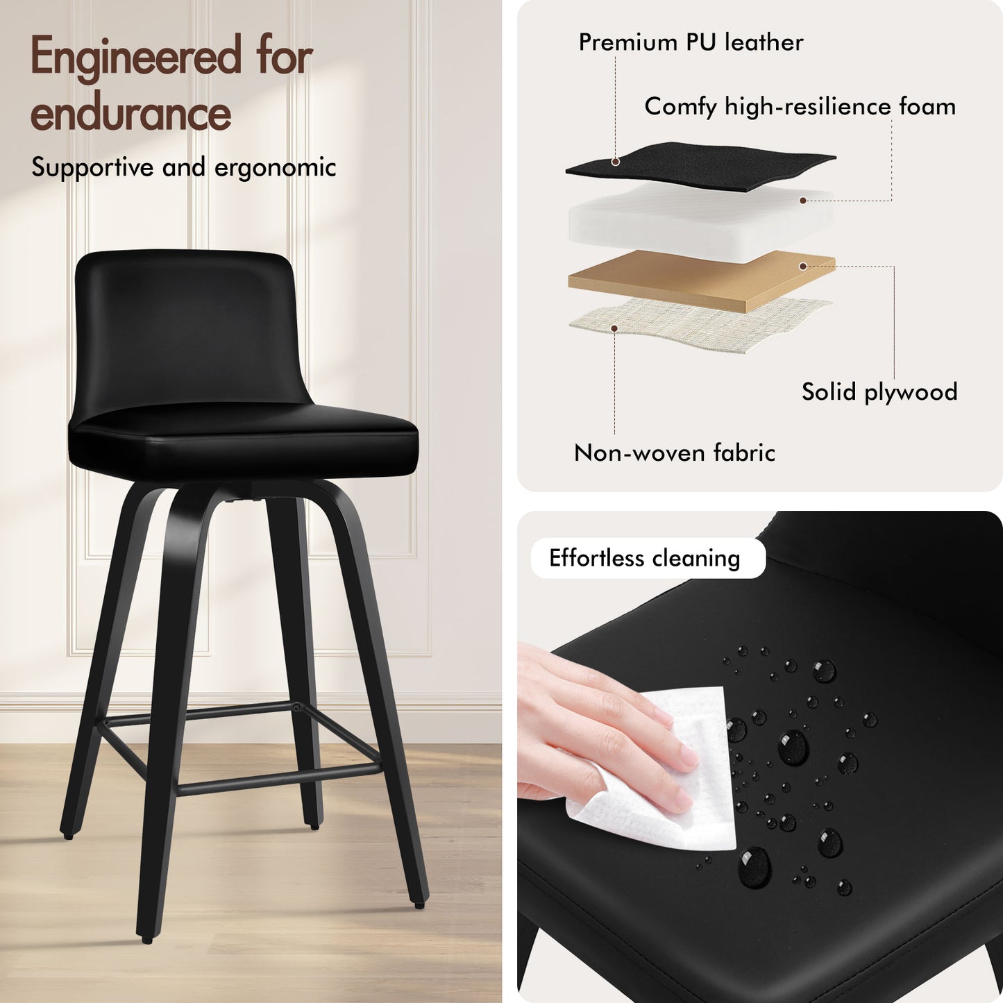 ALFORDSON 2x Swivel Bar Stools Bailey Kitchen Wooden Dining Chair ALL BLACK