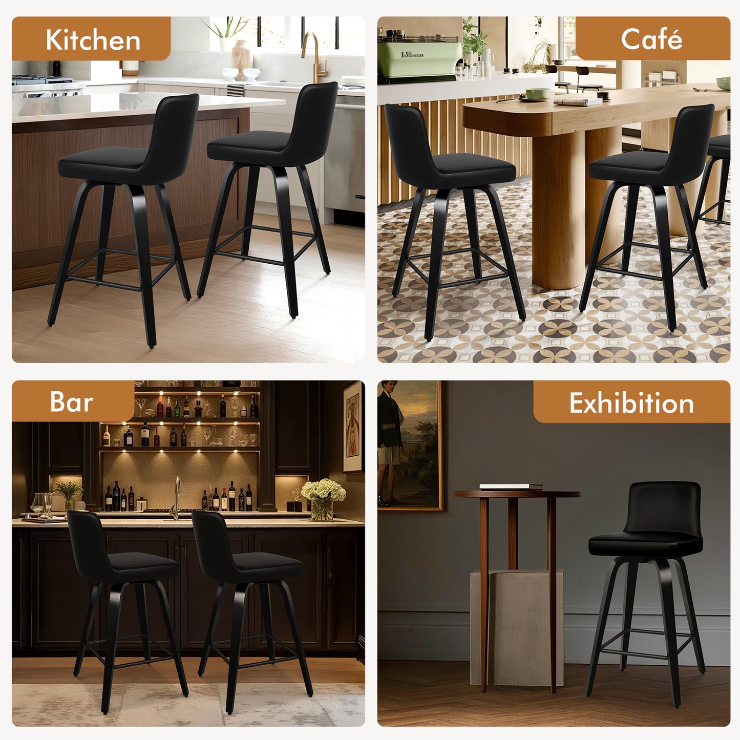 ALFORDSON 2x Swivel Bar Stools Bailey Kitchen Wooden Dining Chair ALL BLACK
