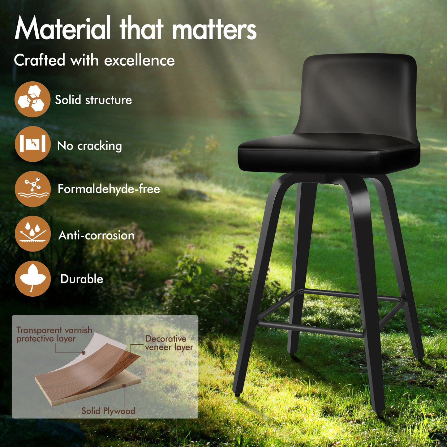 ALFORDSON 2x Swivel Bar Stools Bailey Kitchen Wooden Dining Chair ALL BLACK