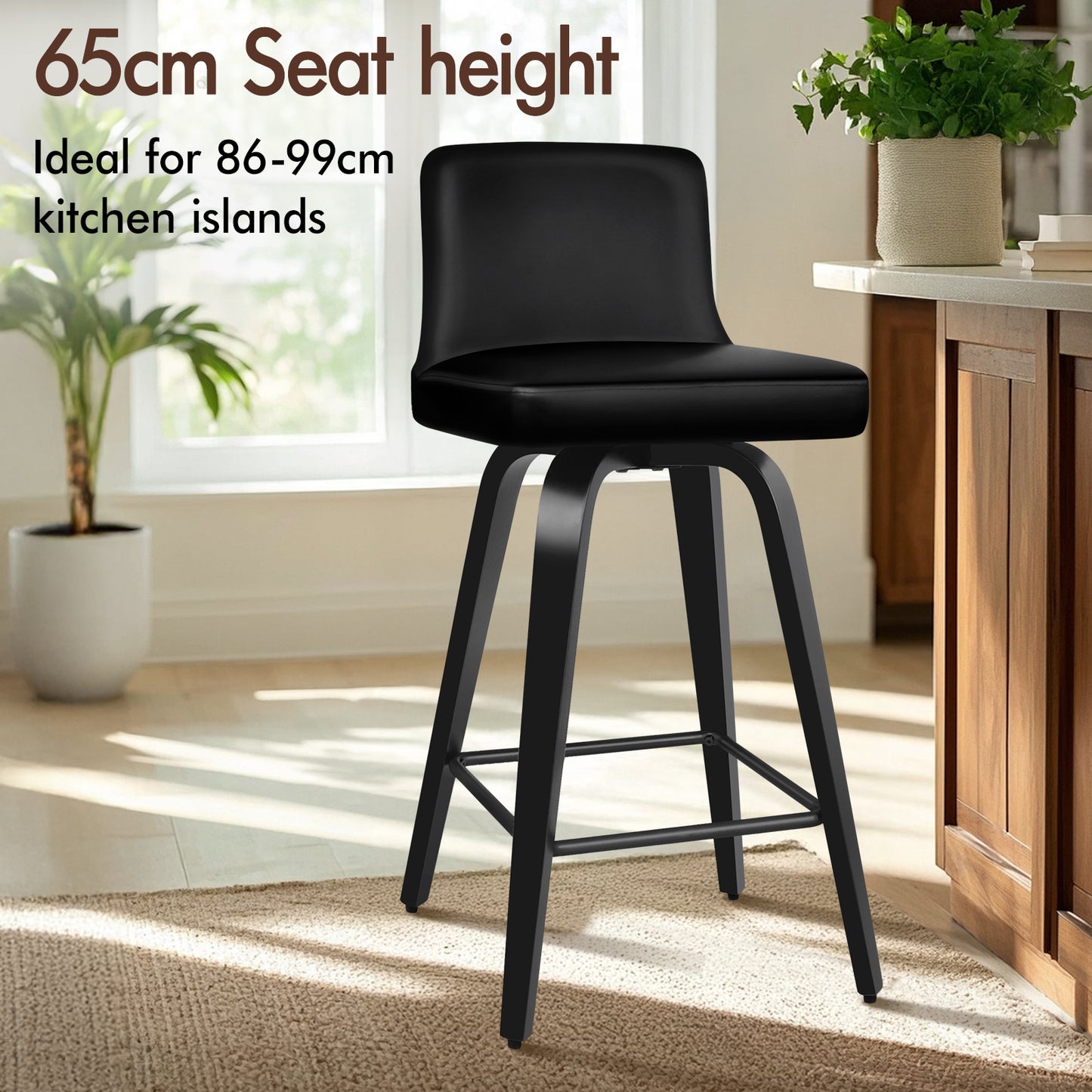 ALFORDSON 2x Swivel Bar Stools Bailey Kitchen Wooden Dining Chair ALL BLACK