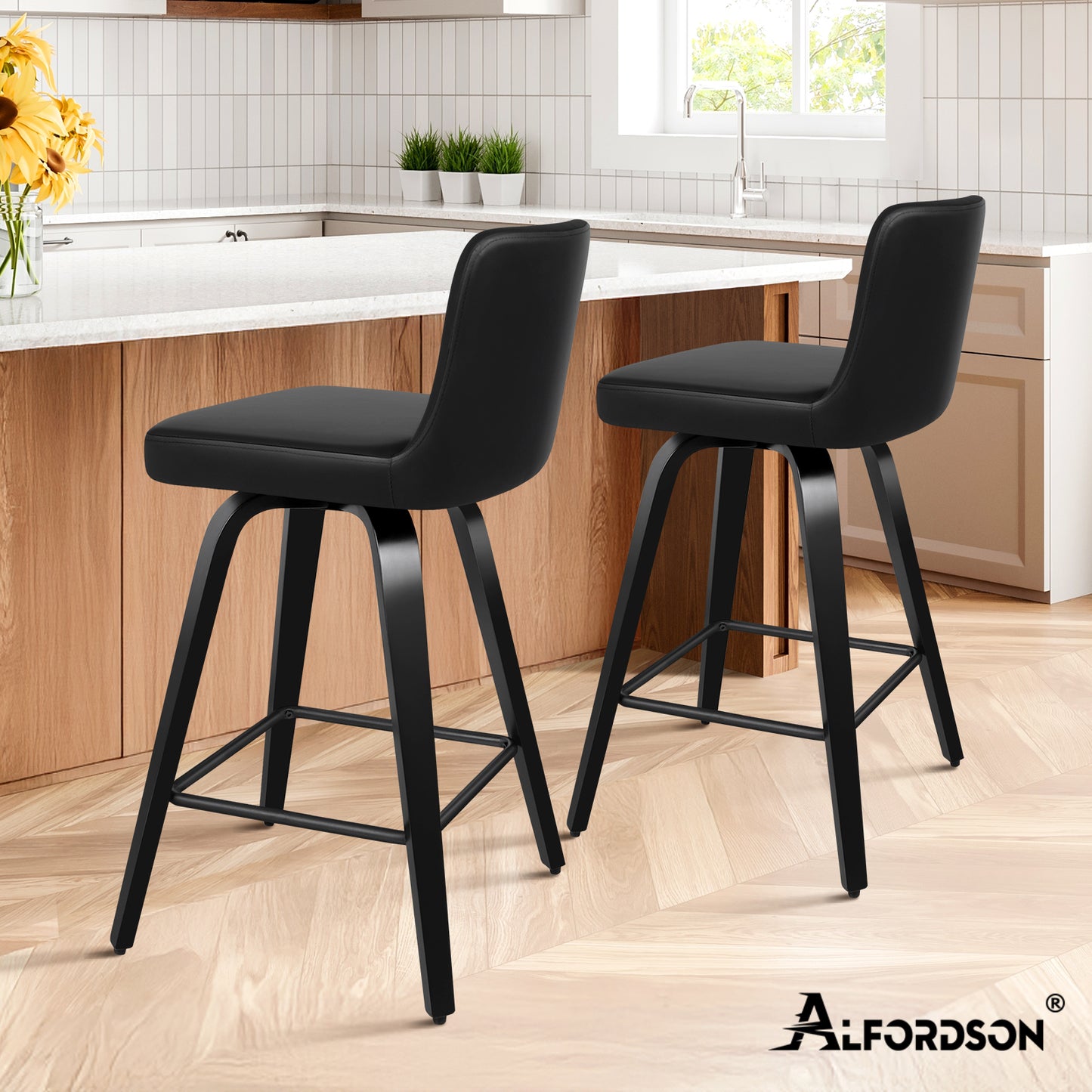 ALFORDSON 2x Swivel Bar Stools Bailey Kitchen Wooden Dining Chair ALL BLACK