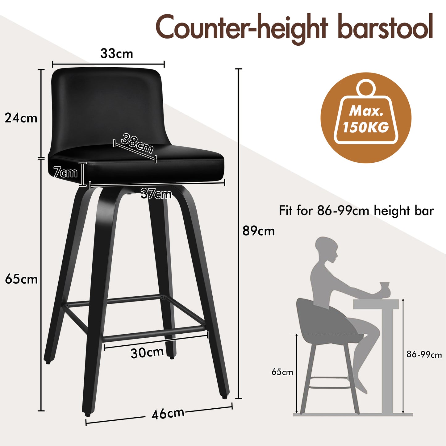 ALFORDSON 4x Swivel Bar Stools Bailey Kitchen Wooden Dining Chair ALL BLACK