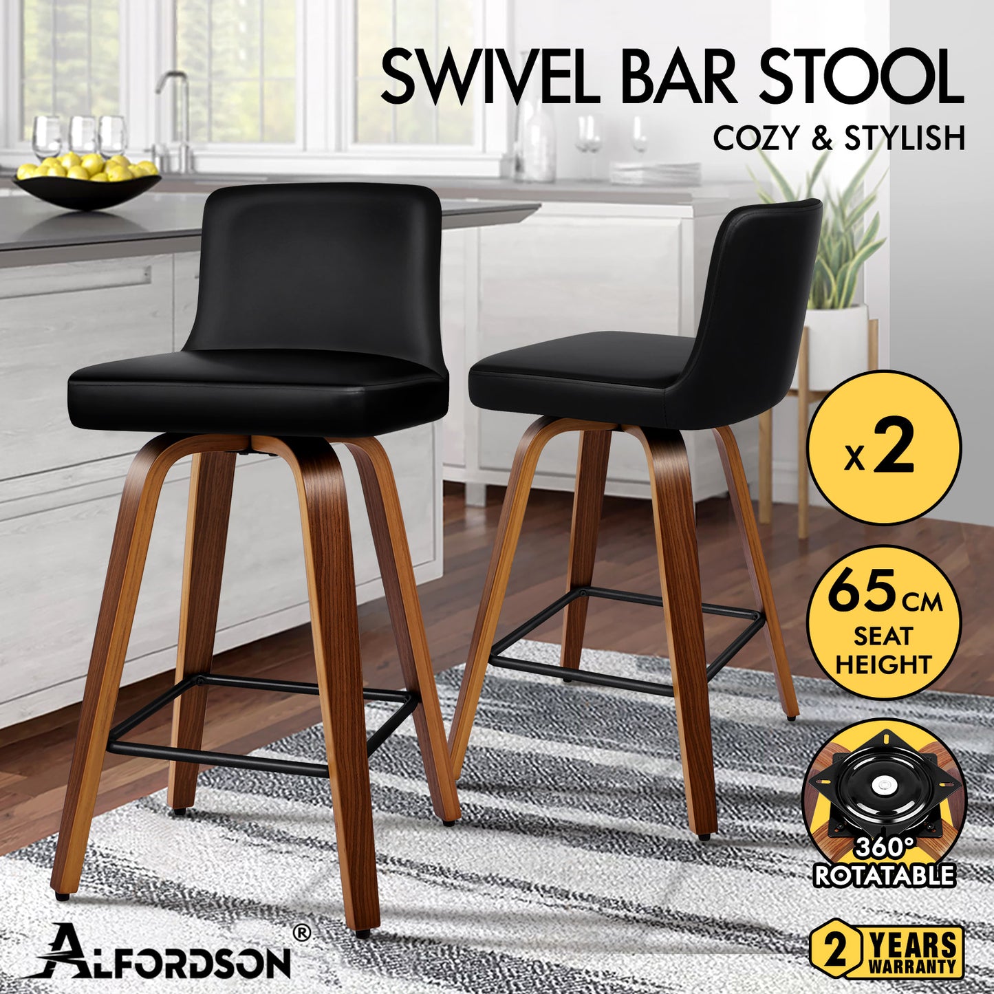 ALFORDSON 2x Swivel Bar Stools Bailey Kitchen Wooden Dining Chair BLACK