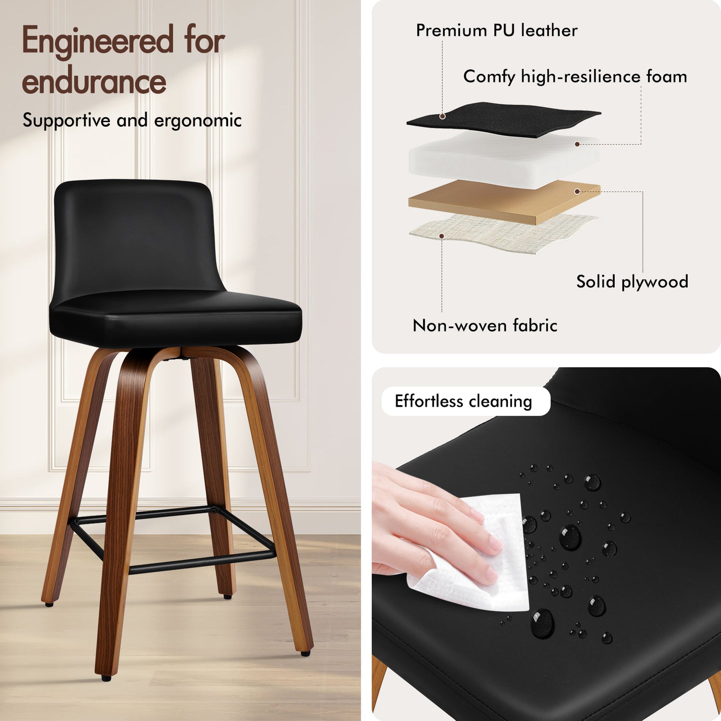 ALFORDSON 2x Swivel Bar Stools Bailey Kitchen Wooden Dining Chair BLACK