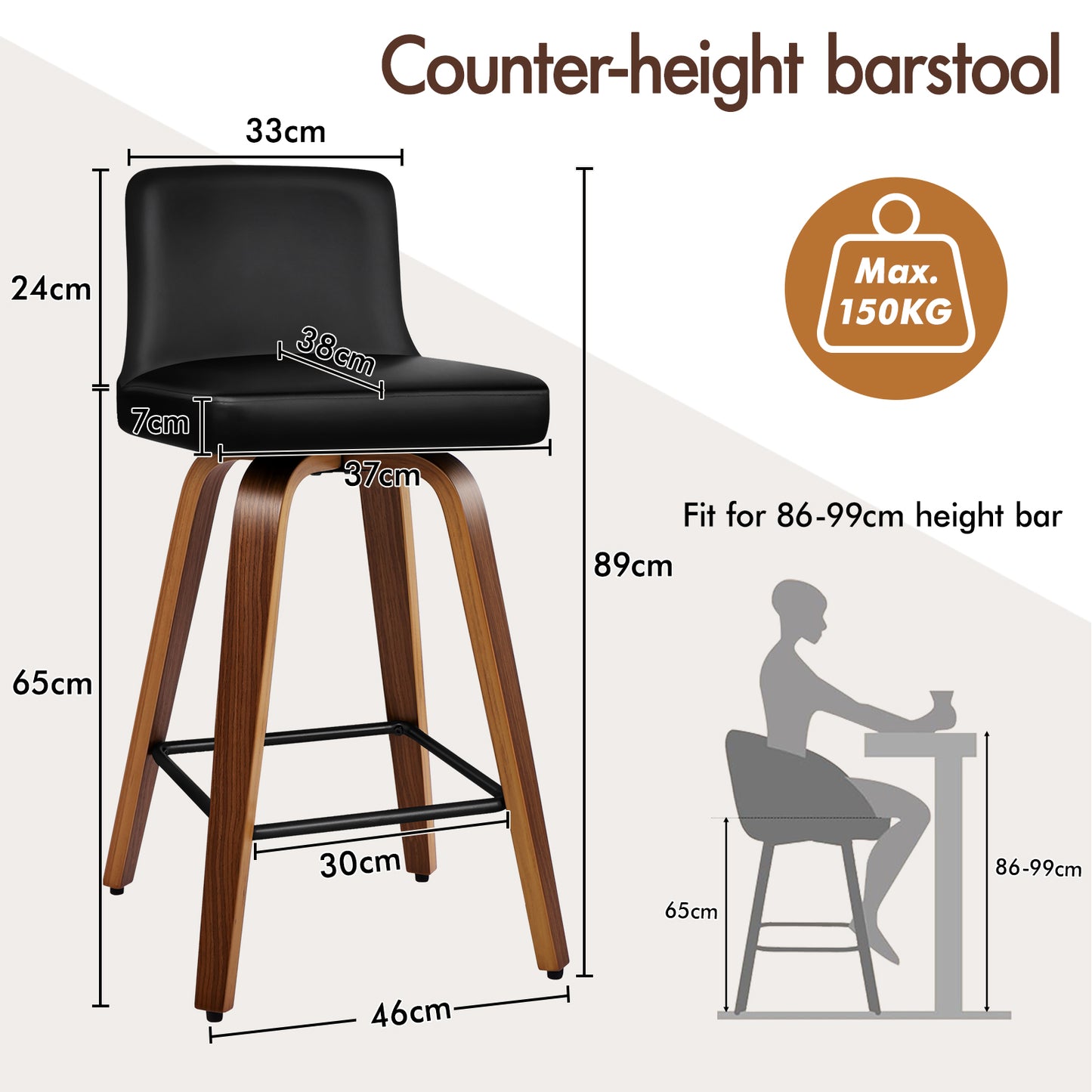 ALFORDSON 2x Swivel Bar Stools Bailey Kitchen Wooden Dining Chair BLACK