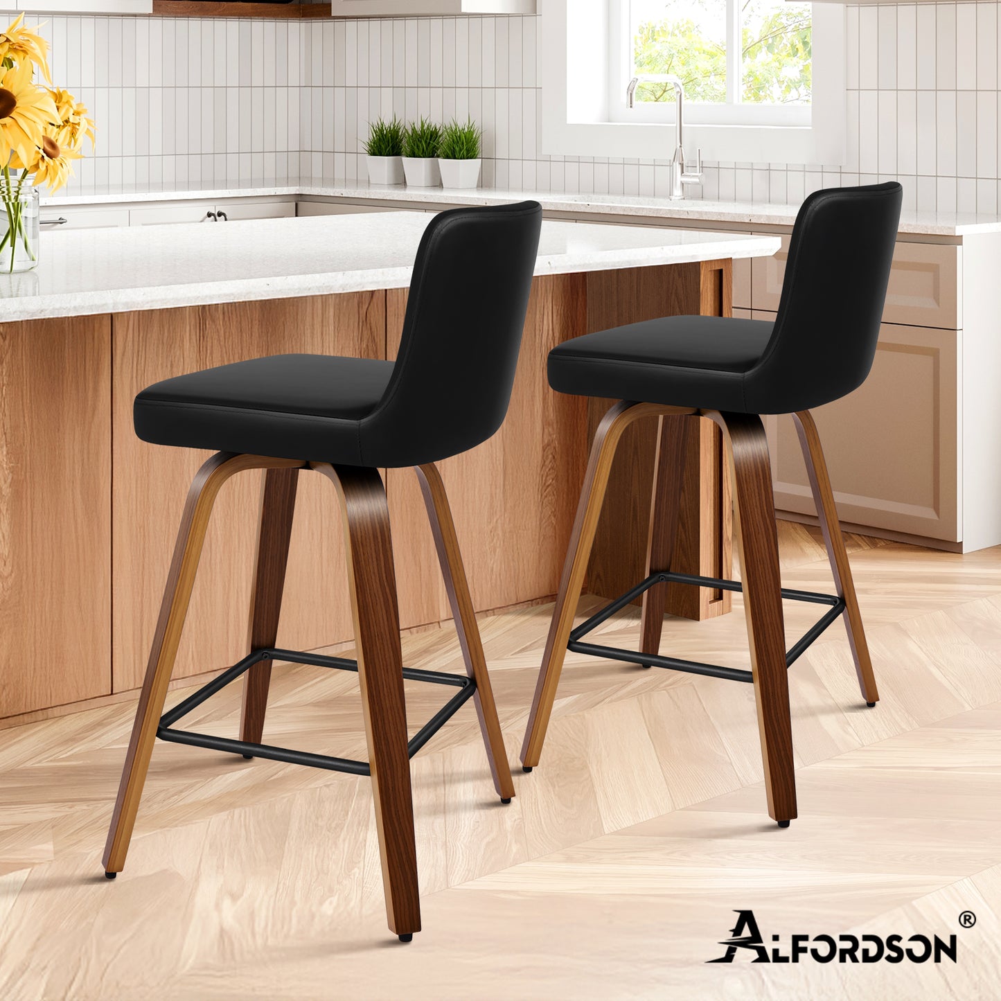 ALFORDSON 2x Swivel Bar Stools Bailey Kitchen Wooden Dining Chair BLACK