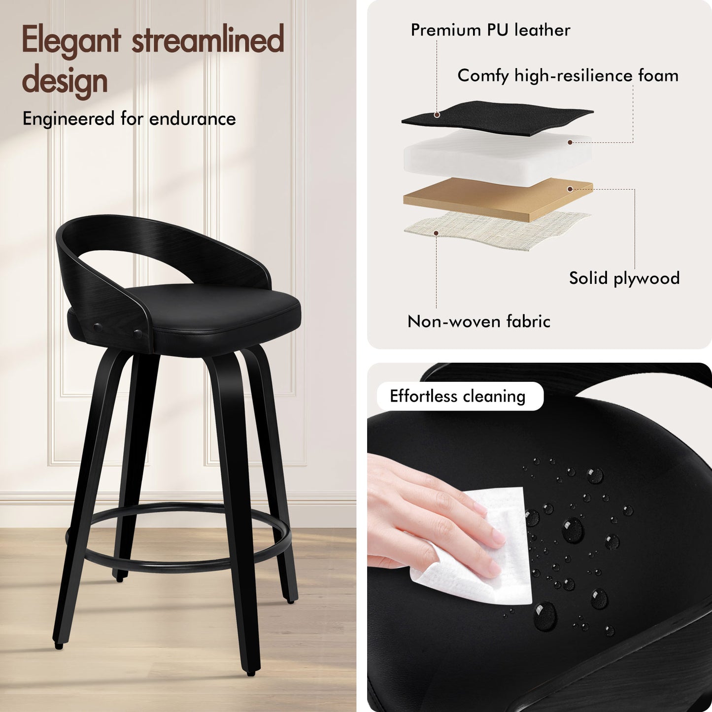 ALFORDSON 2x Swivel Bar Stools Caden Kitchen Wooden Dining Chair ALL BLACK