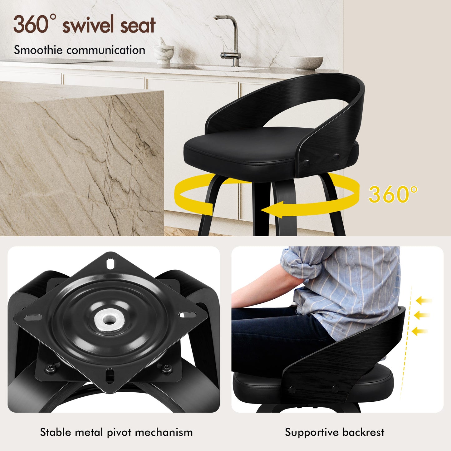 ALFORDSON 2x Swivel Bar Stools Caden Kitchen Wooden Dining Chair ALL BLACK